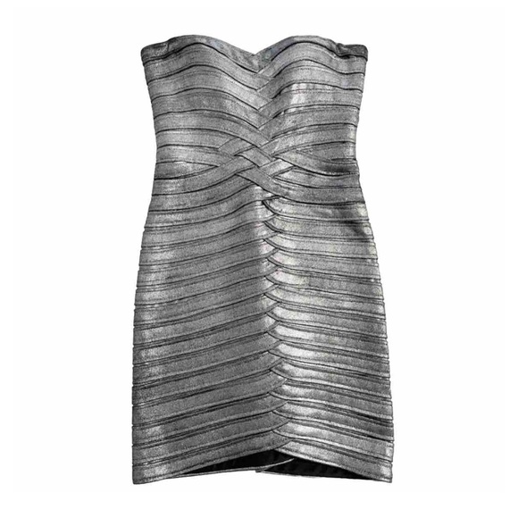 BCBGMAXAZRIA Metallic Silver Bandage Strapless Mini Dress XS Bodycon Party - Picture 1 of 10